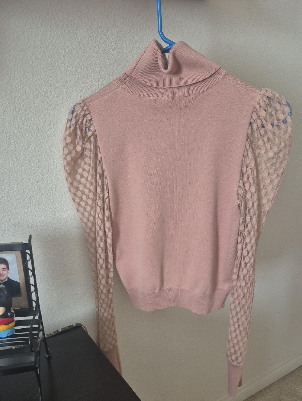 Love Tree Blush Pink Turtleneck Sweater with Lace Puff Sleeves
